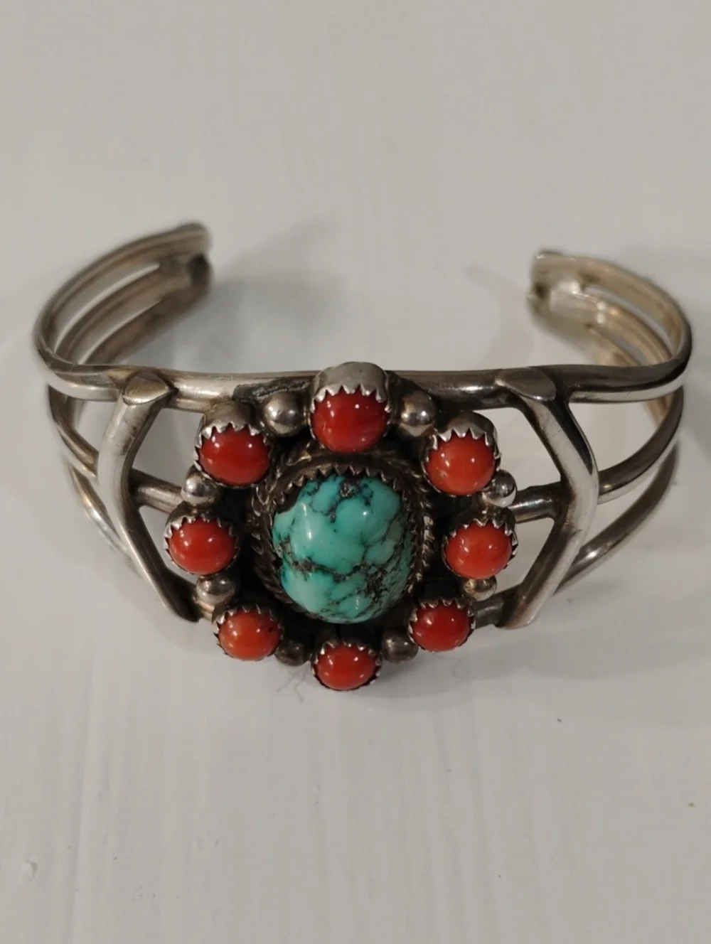 Sterling Silver Turquoise and Coral Cluster Cuff Bracelet